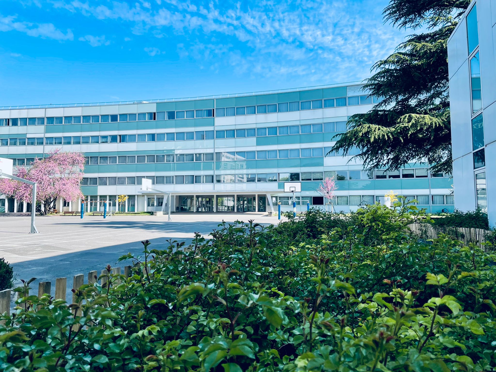 Cour, avec les espaces verts et le lycée au fond